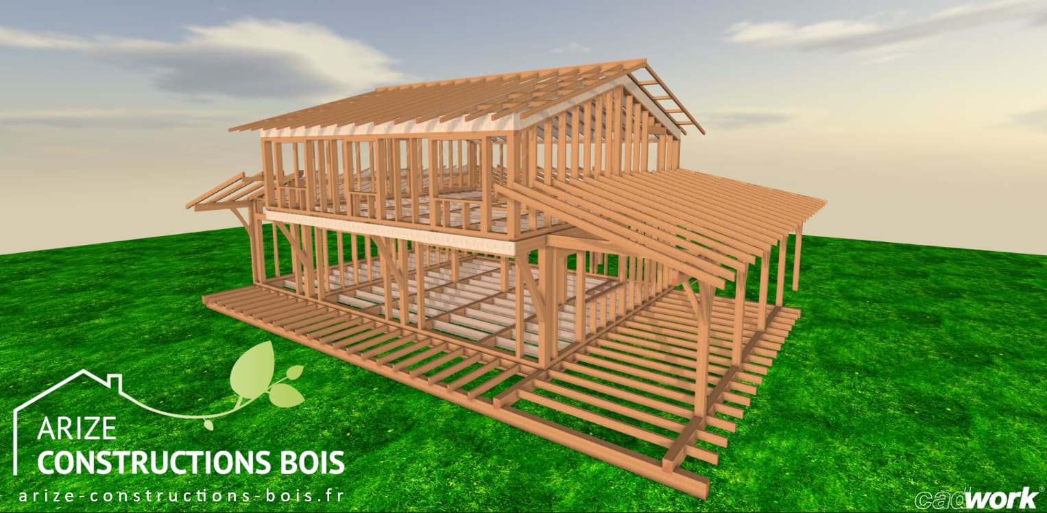 Maison ossature bois en 3D réalisée sous CadWork par Arize Constructions Bois